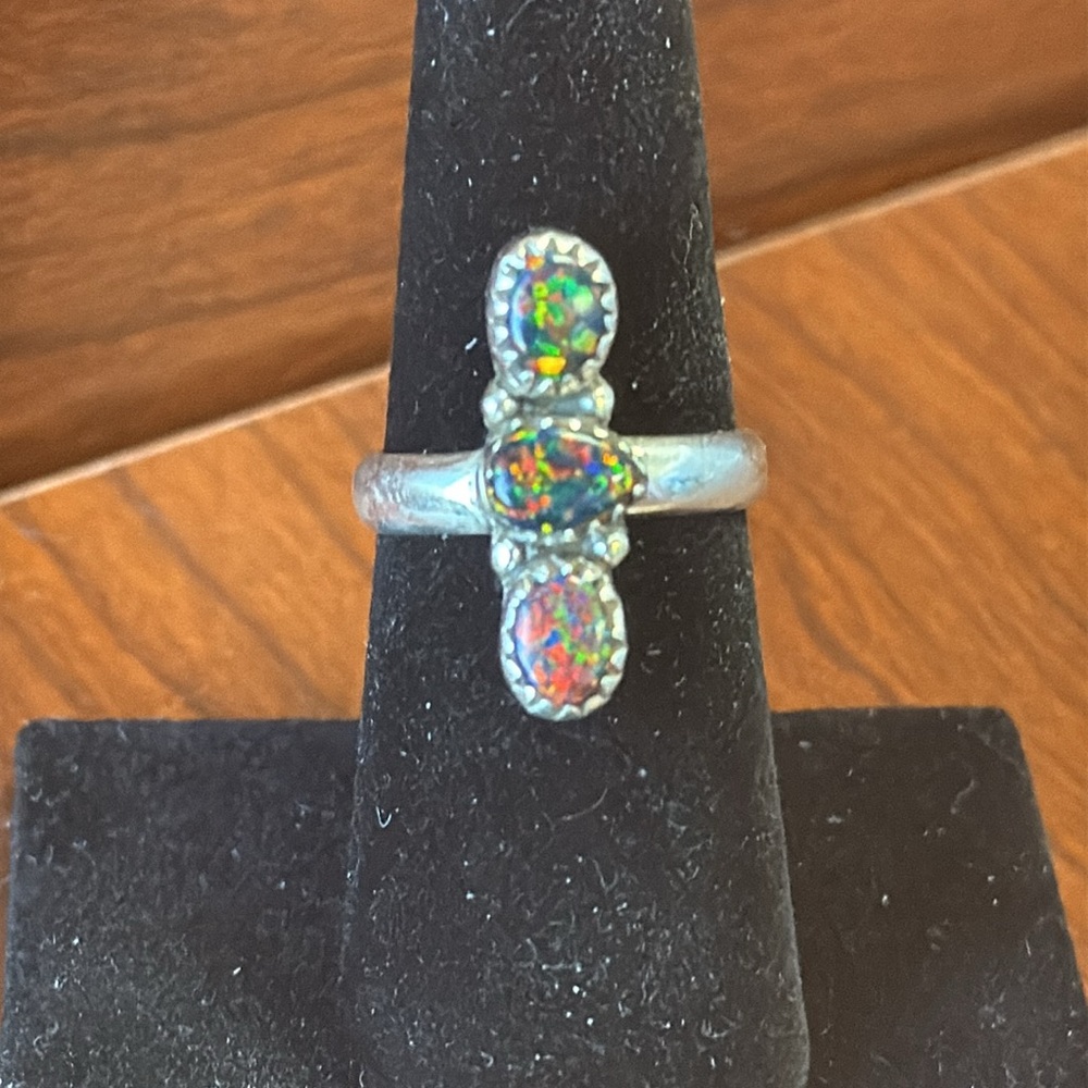 New 925 Sterling Silver Black Opal 3 Stone Ring - Adjustable